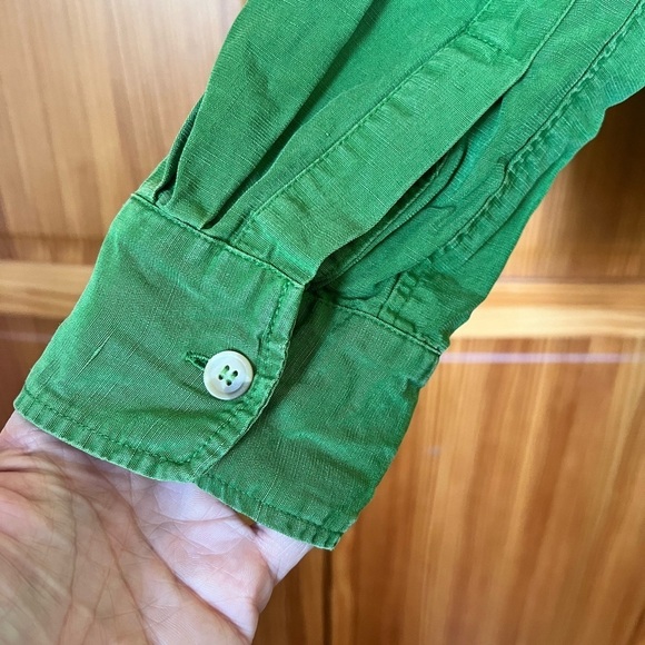 Zara Medium Green Linen Blend Button Front Shirt Distressed Frayed Casual Office - Picture 5 of 10